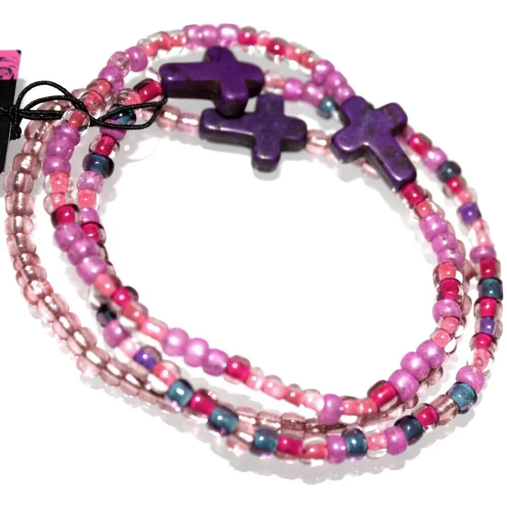 Seed Bead Purple Pink w/Cross Accents Bracelet Set of 3